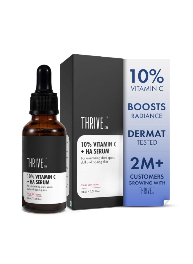 ThriveCo 10% Vitamin C Face Serum | Brightens Skin & Helps Reduce Dark Spots | With 33 kDa + 5 kDa Hyaluronic Acid | Boosts Hydration & Glow | For Men & Women | 30 ml - Image 1